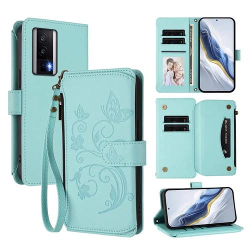 Funda de cuero con cremallera para Redmi K60/K60 Pro, diseño de mariposas y flores, con múltiples tarjetas (verde menta)