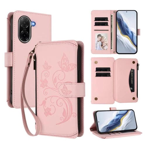 Funda de cuero con cremallera para Redmi A5 4G (173,3 mm), diseño de mariposas y flores (rosa)