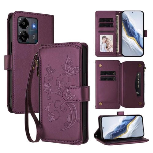 Funda de cuero con cremallera para Redmi 13C 4G / 5G / Xiaomi Poco C65, diseño de mariposas y flores (morado oscuro)