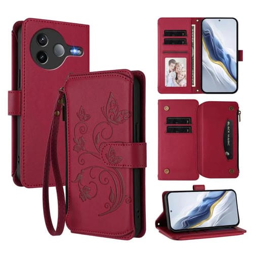 Funda de cuero con cremallera para Xiaomi Poco F7 Pro / Redmi K80, diseño de mariposas, flores y mariposas (rojo vino)