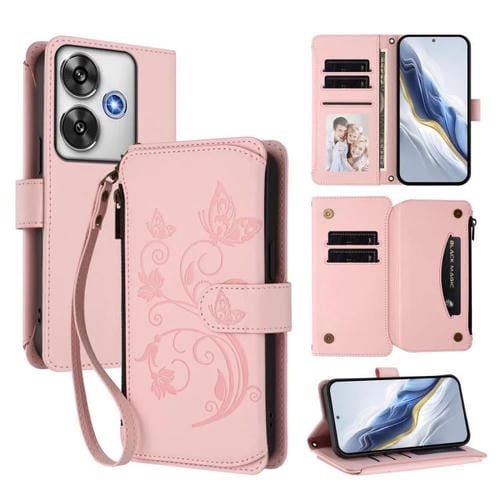 Funda de cuero con cremallera para Xiaomi Poco F6, diseño de mariposas, flores y mariposas (rosa)