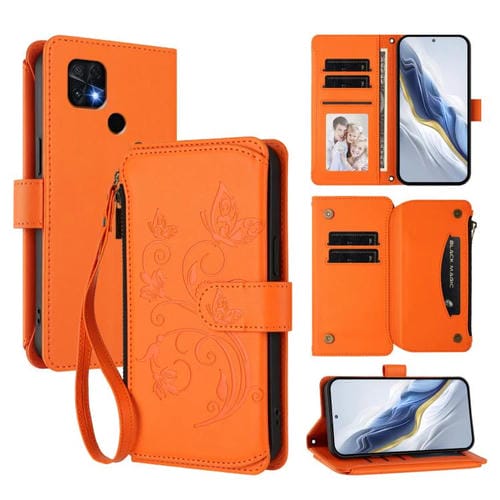 Funda de cuero con cremallera para Xiaomi Poco C40/Redmi 10C, diseño de mariposas, flores y múltiples tarjetas (naranja)