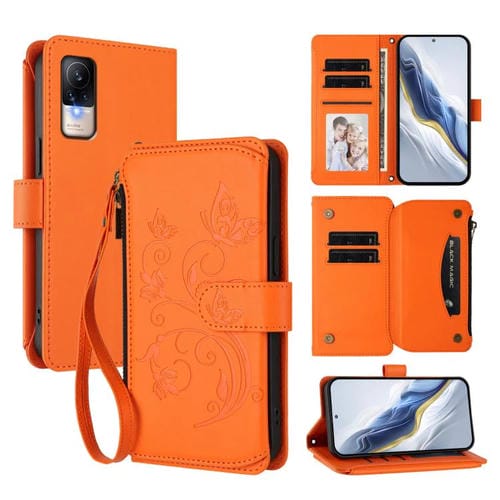 Funda de cuero con cremallera para Xiaomi Civi 1S, diseño de mariposas, flores y múltiples tarjetas (naranja)