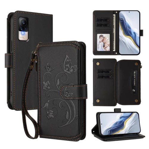 Funda de cuero con cremallera para Xiaomi Civi 1S, diseño de mariposas, flores y múltiples tarjetas (negro)