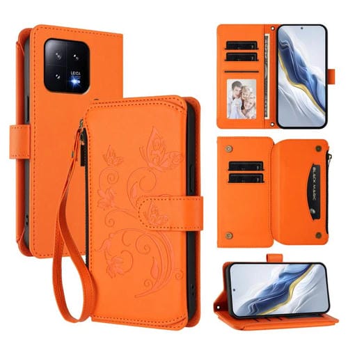 Funda de cuero con cremallera para Xiaomi 13, diseño de mariposas, flores y múltiples tarjetas (naranja)
