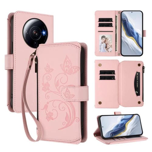 Funda de cuero con cremallera para Xiaomi 12S Ultra, diseño de mariposas, flores y mariposas (rosa)