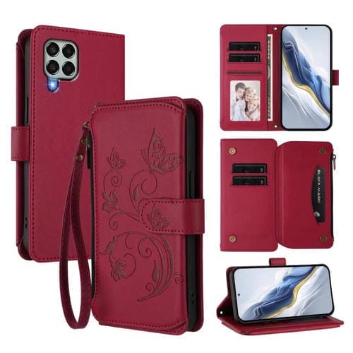 Funda de cuero con cremallera para Samsung Galaxy M33 5G, diseño de mariposas, flores y amor, con múltiples tarjetas (rojo vino)