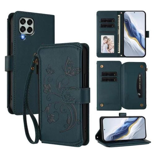 Funda de cuero con cremallera para Samsung Galaxy M33 5G, diseño de mariposas, flores y amor, con múltiples tarjetas (verde oscuro)