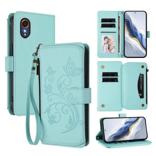 Funda de cuero con cremallera para Samsung Galaxy XCover7 5G, diseño de mariposas, flores y amor, con múltiples tarjetas (verde menta)