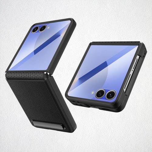Funda para Samsung Galaxy Z Flip7 5G con soporte invisible integrado y diseño de piel de lichi (negra)
