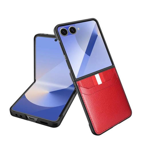 Funda para Samsung Galaxy Z Flip7 5G con ranura para tarjeta integrada y película protectora de lichi (roja)