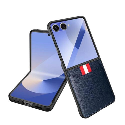Funda para Samsung Galaxy Z Flip7 5G con ranura para tarjeta integrada y película protectora de lichi (azul)