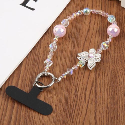 Correa universal para teléfono con dije de mariposa de diamante y cuentas de cristal antipérdida (rosa)