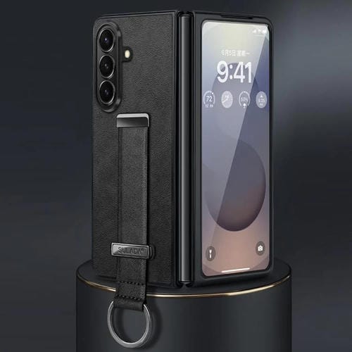 Funda híbrida de cuero SULADA para Samsung Galaxy Z Fold7 5G, con textura de piel sintética, a prueba de golpes (negra)
