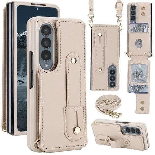 Funda tipo cartera con tapa vertical y correa para Samsung Galaxy Z Fold4 5G, con cordón largo (blanca)