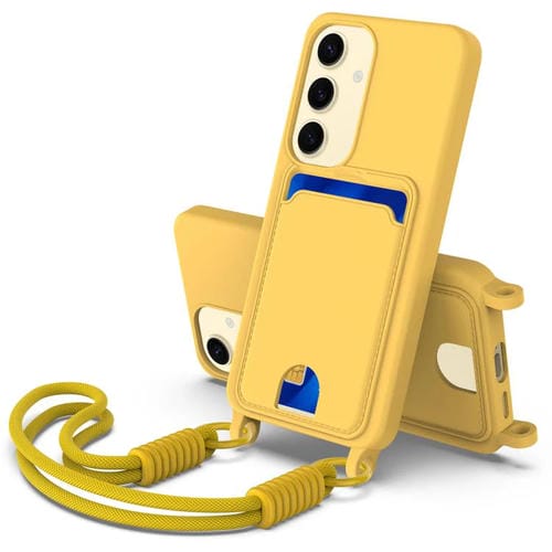 Funda de silicona líquida de color sólido para Samsung Galaxy S24 5G con tarjetero integrado, Gen2, con cordón corto (amarilla)