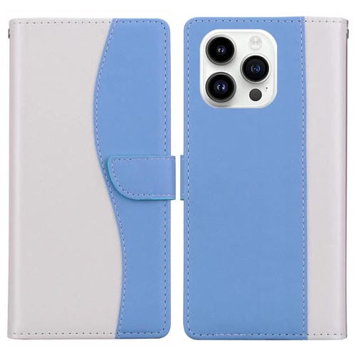 Funda de cuero bicolor con relieve para iPhone 15 Pro Max (blanco y azul)