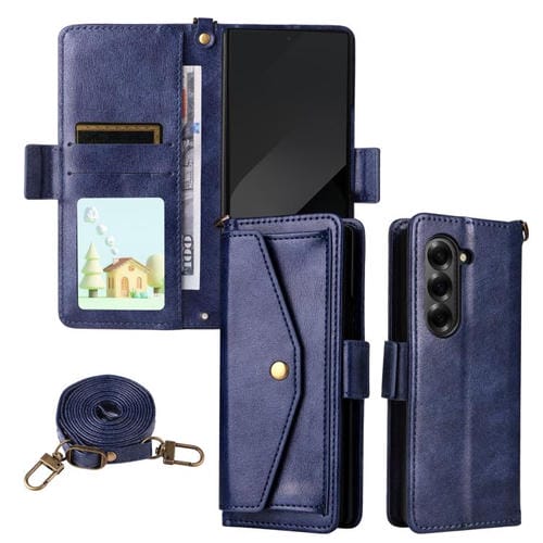 Funda de piel de vacuno cruzada con ranuras para múltiples tarjetas para Samsung Galaxy Z Fold3 5G (azul)