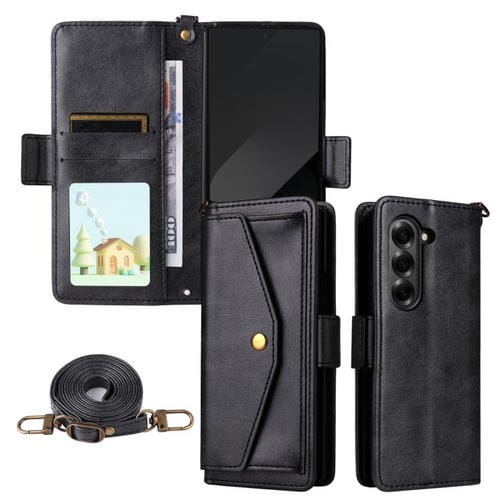 Funda de piel de vacuno cruzada con ranuras para múltiples tarjetas para Samsung Galaxy Z Fold6 5G (negra)