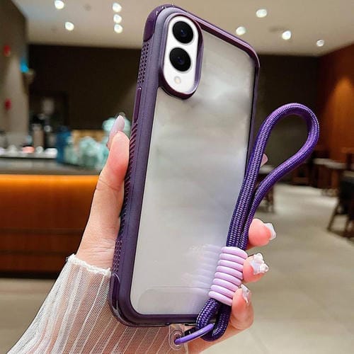 Funda de acrílico TPU transparente con borde liso y correa para la muñeca para Samsung Galaxy S25 Edge 5G (morado oscuro)