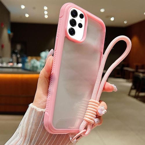 Funda de acrílico TPU transparente con borde liso y correa para la muñeca para Samsung Galaxy S25 Ultra / S24 Ultra 5G (rosa)
