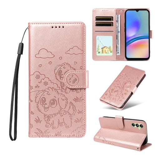 Funda de cuero tipo billetera con bloqueo RFID y diseño de corazón de perro en relieve para Samsung Galaxy A05s (oro rosa)