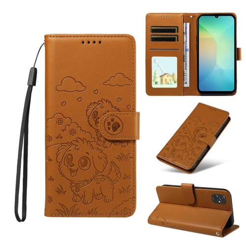 Funda de cuero tipo billetera con bloqueo RFID y diseño de corazón de perro en relieve para Samsung Galaxy A06/A07 (marrón)