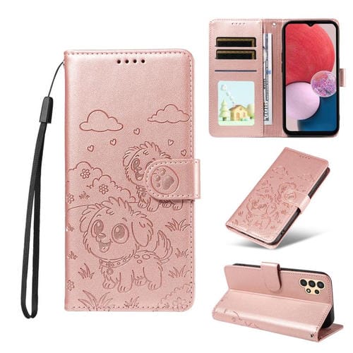 Funda de cuero tipo billetera con bloqueo RFID y diseño de corazón de perro en relieve para Samsung Galaxy A13 4G/5G (oro rosa)