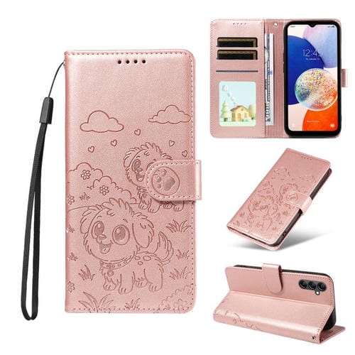 Funda de cuero tipo billetera con bloqueo RFID y diseño de corazón de perro en relieve para Samsung Galaxy A14 4G/5G (oro rosa)