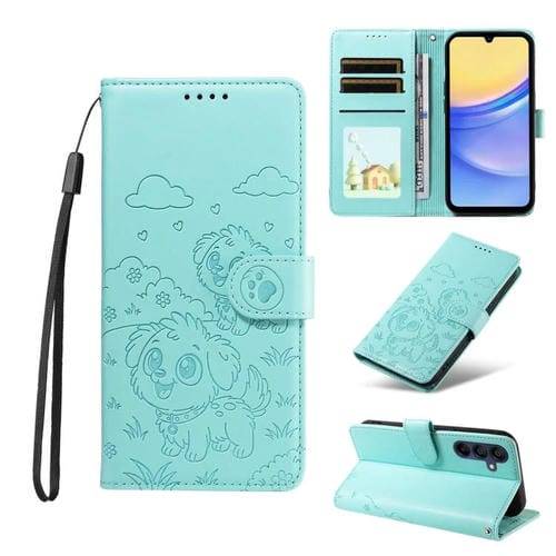 Funda de cuero tipo billetera con bloqueo RFID para Samsung Galaxy A15 4G/5G, con diseño de corazón y perro en relieve (verde)