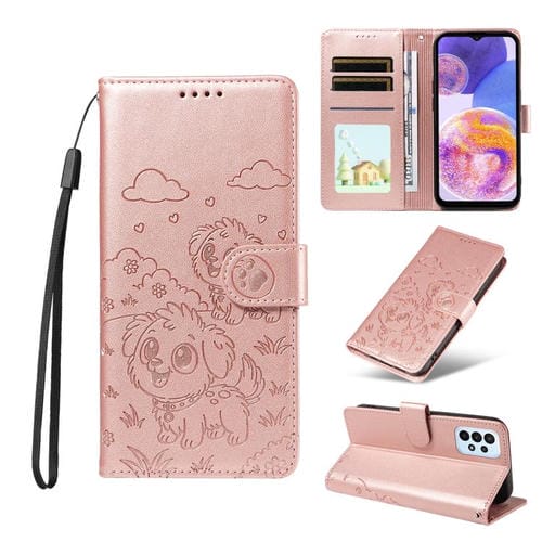 Funda de cuero tipo billetera con bloqueo RFID y diseño de corazón de perro en relieve para Samsung Galaxy A23 4G/5G (oro rosa)