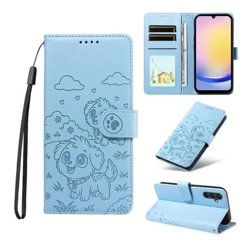 Funda de cuero con bloqueo RFID para Samsung Galaxy A25 5G, con diseño de corazón y perro en relieve (azul cielo)