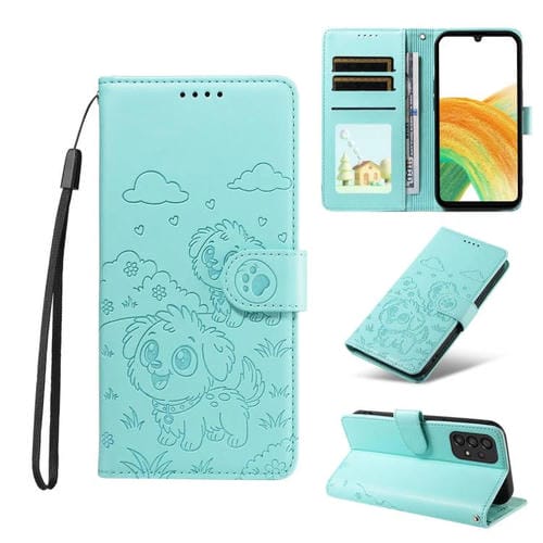 Funda de cuero tipo billetera con bloqueo RFID para Samsung Galaxy A33 5G, con diseño de corazón y perro en relieve (verde)