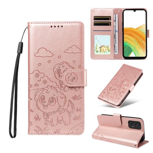 Funda de cuero tipo billetera con bloqueo RFID y diseño de corazón de perro en relieve para Samsung Galaxy A33 5G (oro rosa)