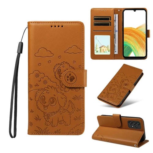 Funda de cuero tipo billetera con bloqueo RFID y diseño de corazón de perro en relieve para Samsung Galaxy A33 5G (marrón)