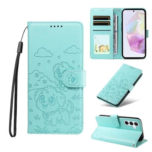 Funda de cuero tipo billetera con bloqueo RFID y diseño de corazón de perro en relieve para Samsung Galaxy A35 5G (verde)