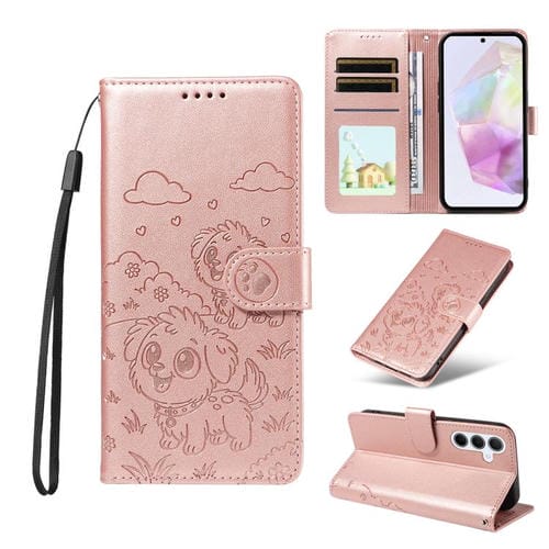 Funda de cuero tipo billetera con bloqueo RFID y diseño de corazón de perro en relieve para Samsung Galaxy A35 5G (oro rosa)