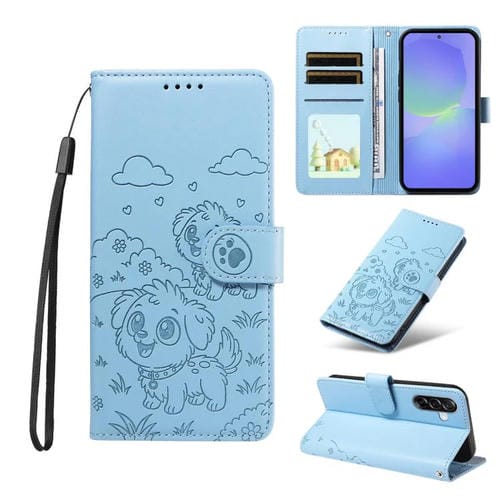 Funda de cuero tipo billetera con bloqueo RFID para Samsung Galaxy A36 5G, con diseño de corazón y perro en relieve (azul cielo)