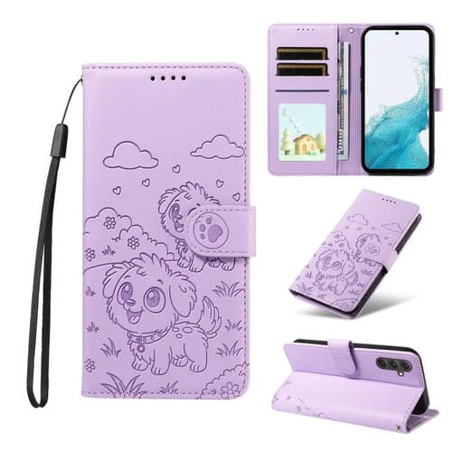 Funda de cuero tipo billetera con bloqueo RFID para Samsung Galaxy A54 5G, con diseño de corazón y perro en relieve (morado)