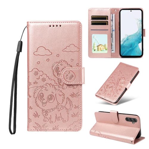 Funda de cuero tipo billetera con bloqueo RFID para Samsung Galaxy A54 5G, con diseño de corazón y perro en relieve (oro rosa)