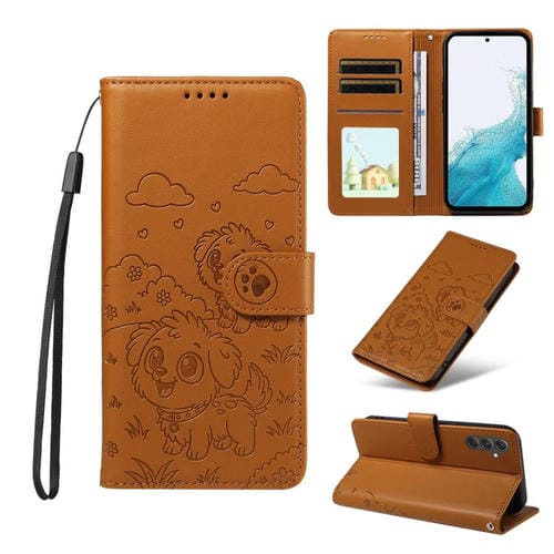 Funda de cuero con bloqueo RFID para Samsung Galaxy A54 5G, con diseño de corazón y perro en relieve (marrón)