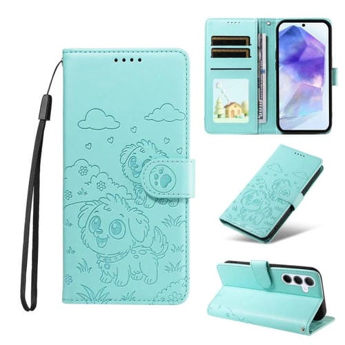 Funda de cuero con bloqueo RFID para Samsung Galaxy A55 5G, diseño de corazón con perro en relieve (verde)
