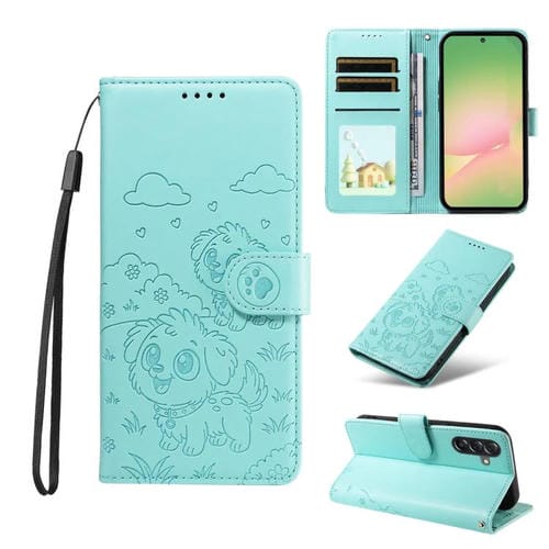 Funda de cuero tipo billetera con bloqueo RFID y diseño de corazón de perro en relieve para Samsung Galaxy A56 5G (verde)