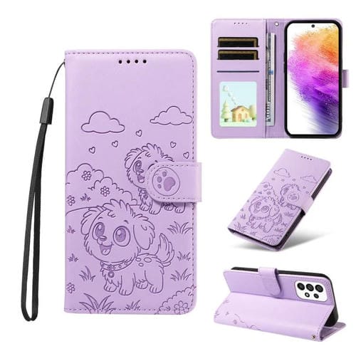 Funda de cuero tipo billetera con bloqueo RFID y diseño de corazón de perro en relieve para Samsung Galaxy A73 5G (morado)