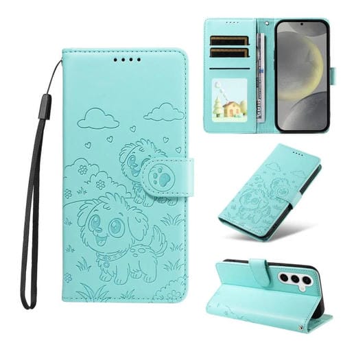 Funda de cuero con bloqueo RFID para Samsung Galaxy S24/S25 5G, con diseño de corazón en relieve y perro (verde)