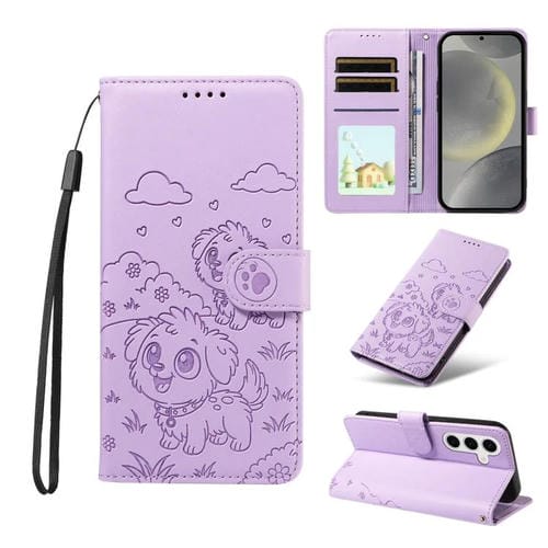 Funda de cuero tipo billetera con bloqueo RFID y diseño de corazón de perro en relieve para Samsung Galaxy S24+ / S25+ 5G (morado)