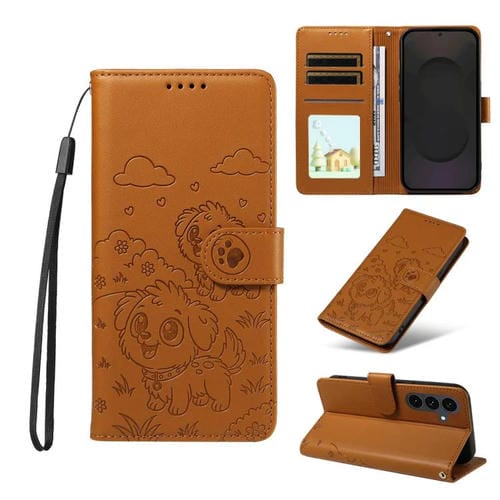 Funda de cuero tipo billetera con bloqueo RFID para Samsung Galaxy S25 FE 5G, con diseño de corazón y perro en relieve (marrón)