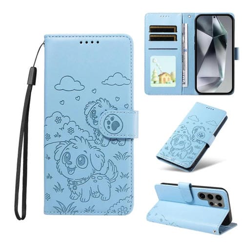 Funda de cuero tipo billetera con bloqueo RFID para Samsung Galaxy S24 Ultra 5G, con diseño de corazón y perro en relieve (azul cielo)