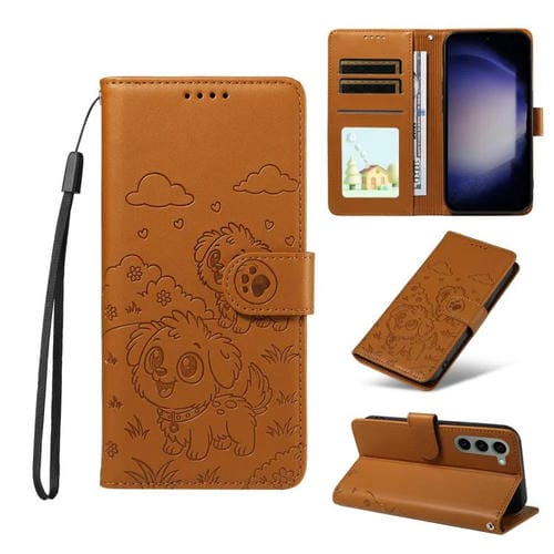 Funda de cuero con bloqueo RFID para Samsung Galaxy S23 5G, con diseño de corazón en relieve y perro (marrón)