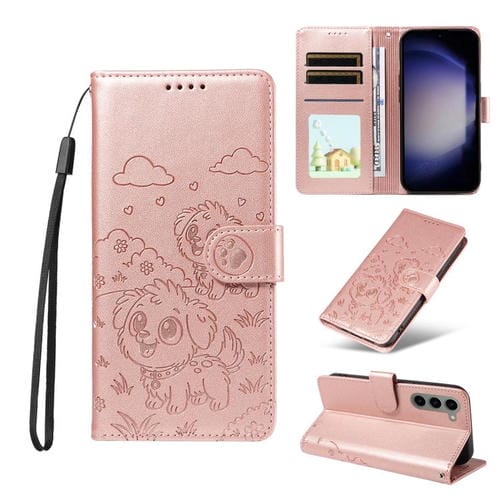 Funda de cuero tipo billetera con bloqueo RFID y diseño de corazón de perro en relieve para Samsung Galaxy S23+ 5G (oro rosa)